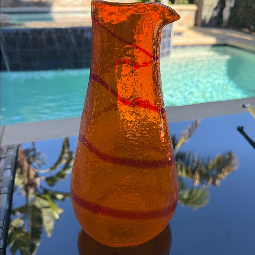 HANDMADE TANGERINE Retro Hand Held Art Glass Pitcher MCM